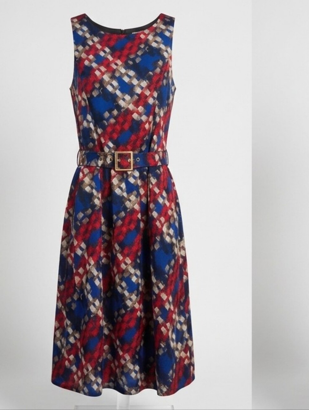 Trina Turk Red, Blue & Cream Plaid Fit-and-Flare Dress with Belt